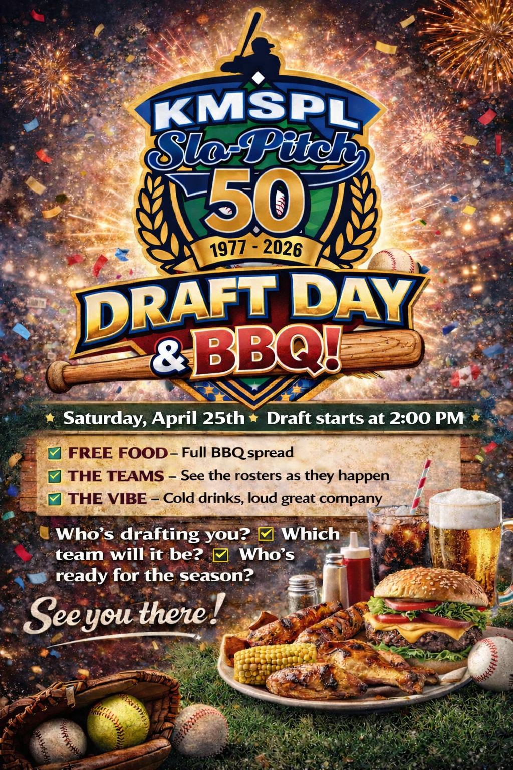 KMSPL 50th Anniversary Draft Day and BBQ poster, Saturday April 25, draft starts at 2:00 PM