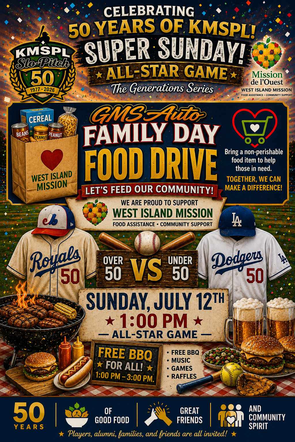 KMSPL 50th Anniversary Super Sunday, All-Star Game, GMS Auto Family Day and West Island Mission food drive poster, Sunday July 12 at 1:00 PM