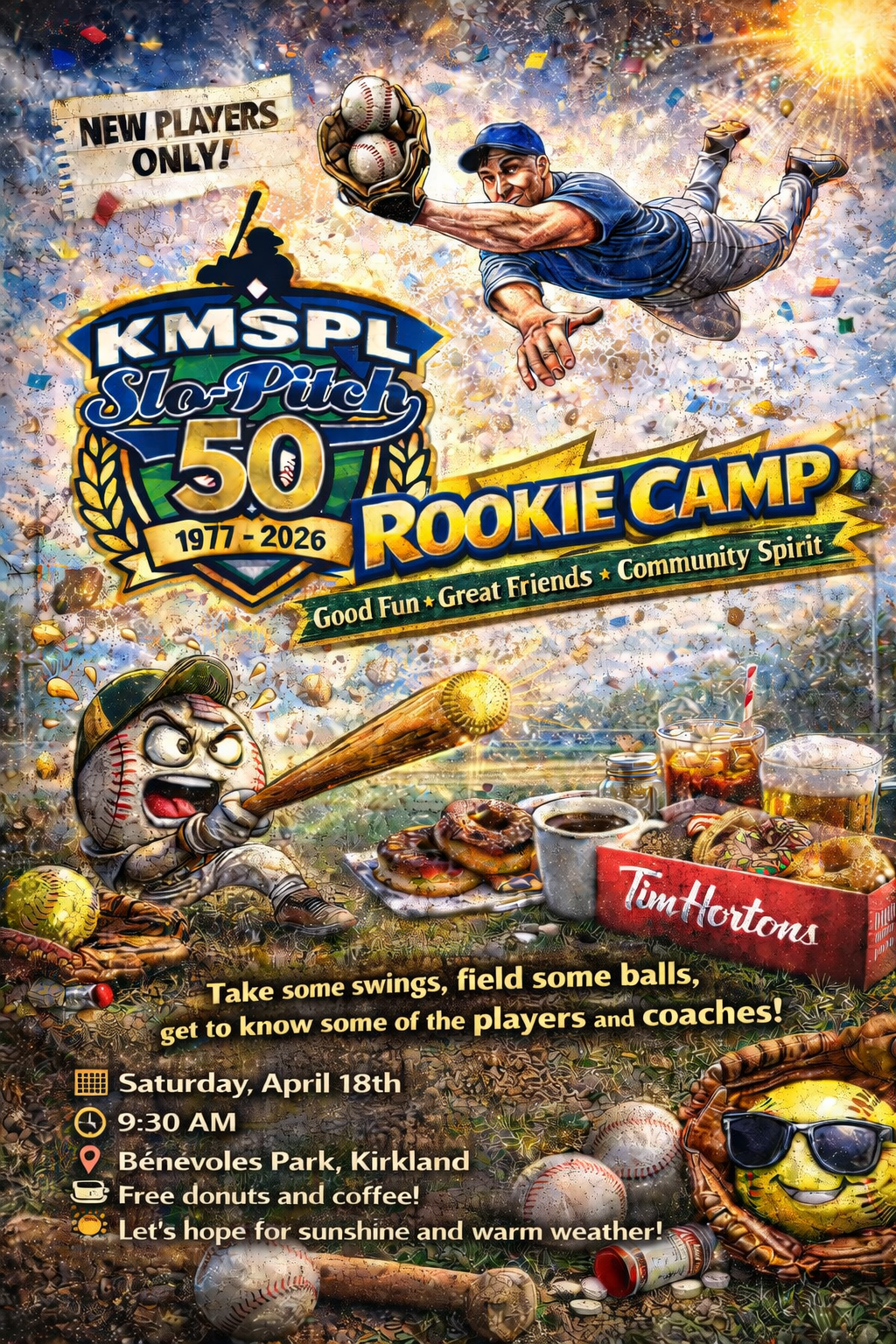 KMSPL 50th Anniversary Rookie Camp poster for new players only, Saturday April 18 at 9:30 AM, Bénévoles Park in Kirkland